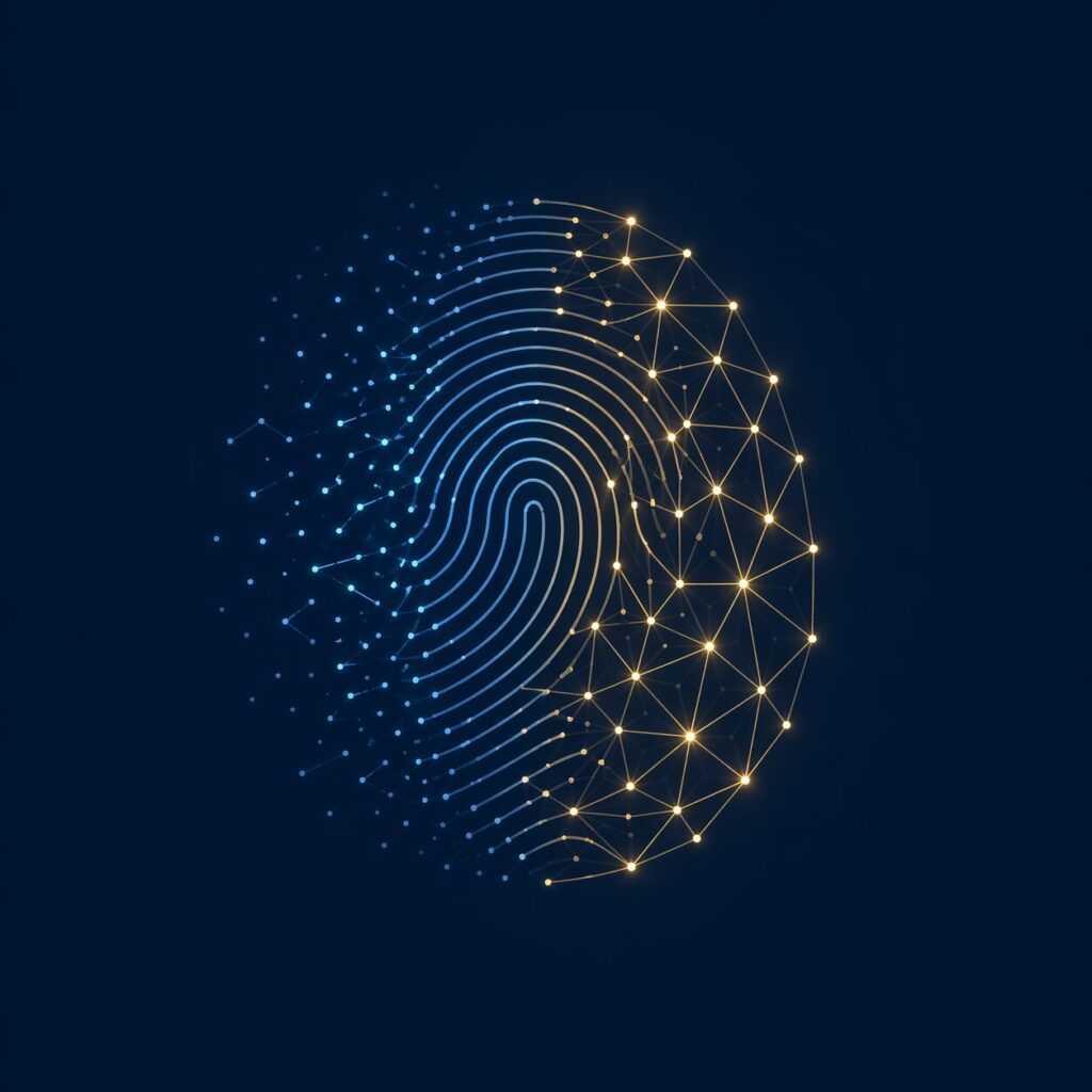 Code LEI comme identité numérique d’entreprise — empreinte digitale se transformant en réseau de données