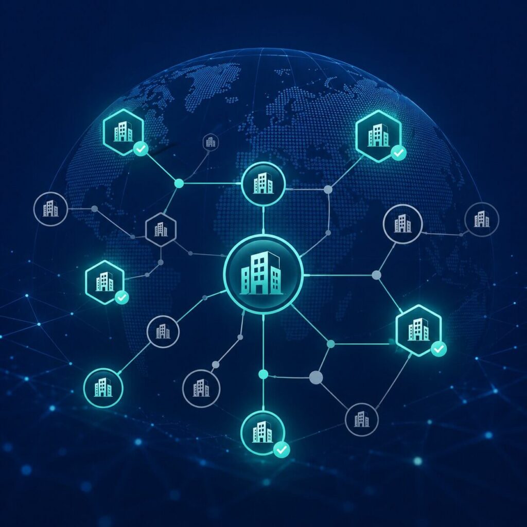 Réseau mondial d'entités juridiques vérifiées et non vérifiées illustrant le processus KYB à l'aide des codes LEI
